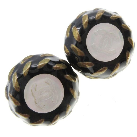 Chanel Button Earrings Black Gold Clip-On 97A - Picture 2 of 5